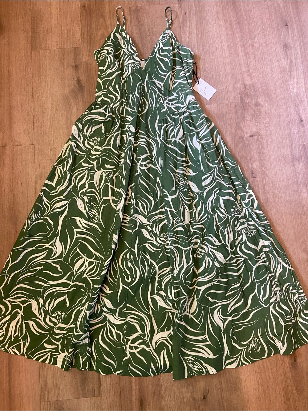 Japna Maxi Dress Size L Green/Ivory Floral Abstract 100% Cotton Garden Party NWT